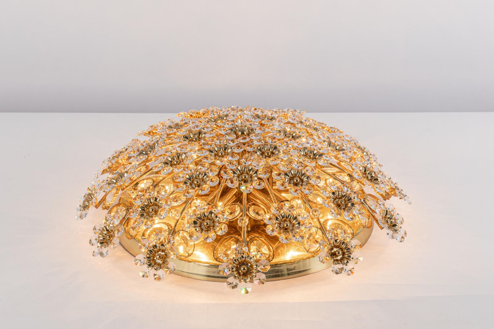 1 Of 3 Delicate Gilt Brass Cut Glass Flower Flush Mount By Palwa, Germany, 1970s photo 1504.0