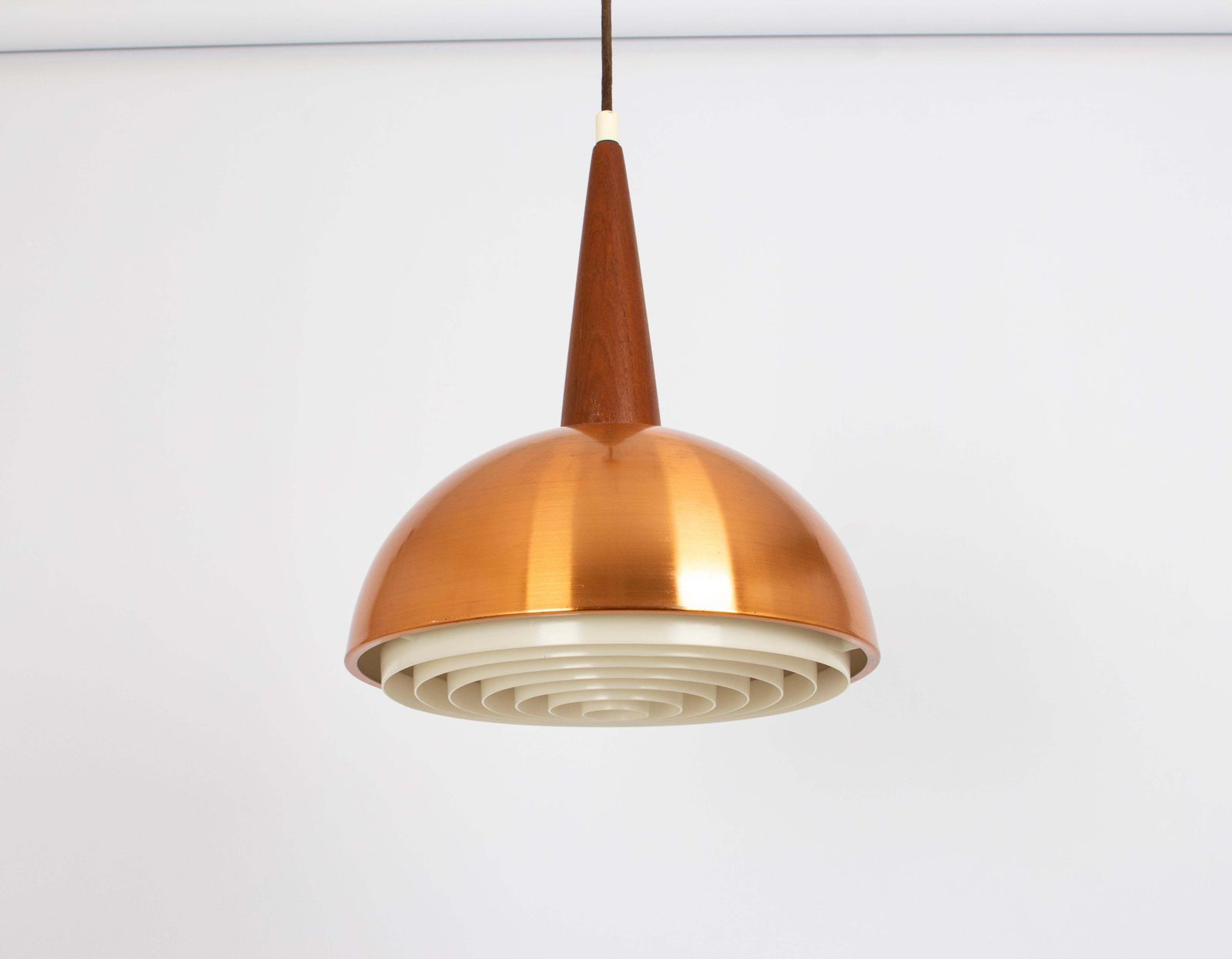 Wonderful Petite Copper And Teak Pendant Light, In Style Of Jo Hammerborg, 1970s photo Lighting