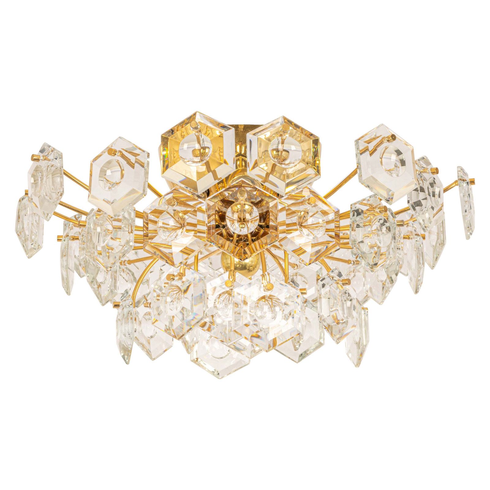 Stunning Large Flush Mount, Brass And Crystal Glass By Kinkeldey, Germany, 1970s