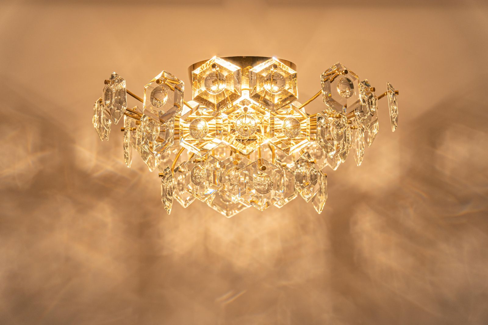Stunning Large Flush Mount, Brass And Crystal Glass By Kinkeldey, Germany, 1970s photo vintage