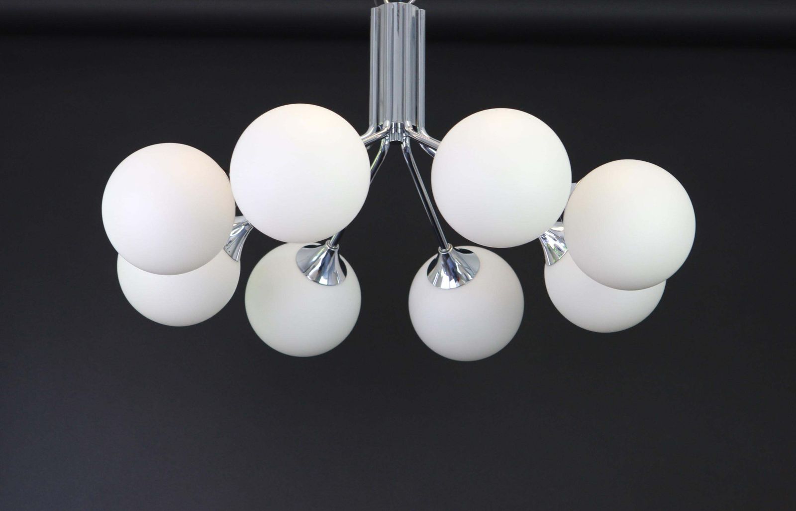 1 Of 2 Large Stunning Kaiser Sputnik Opal Glass Globes Chandelier, Germany 1970s photo Lighting
