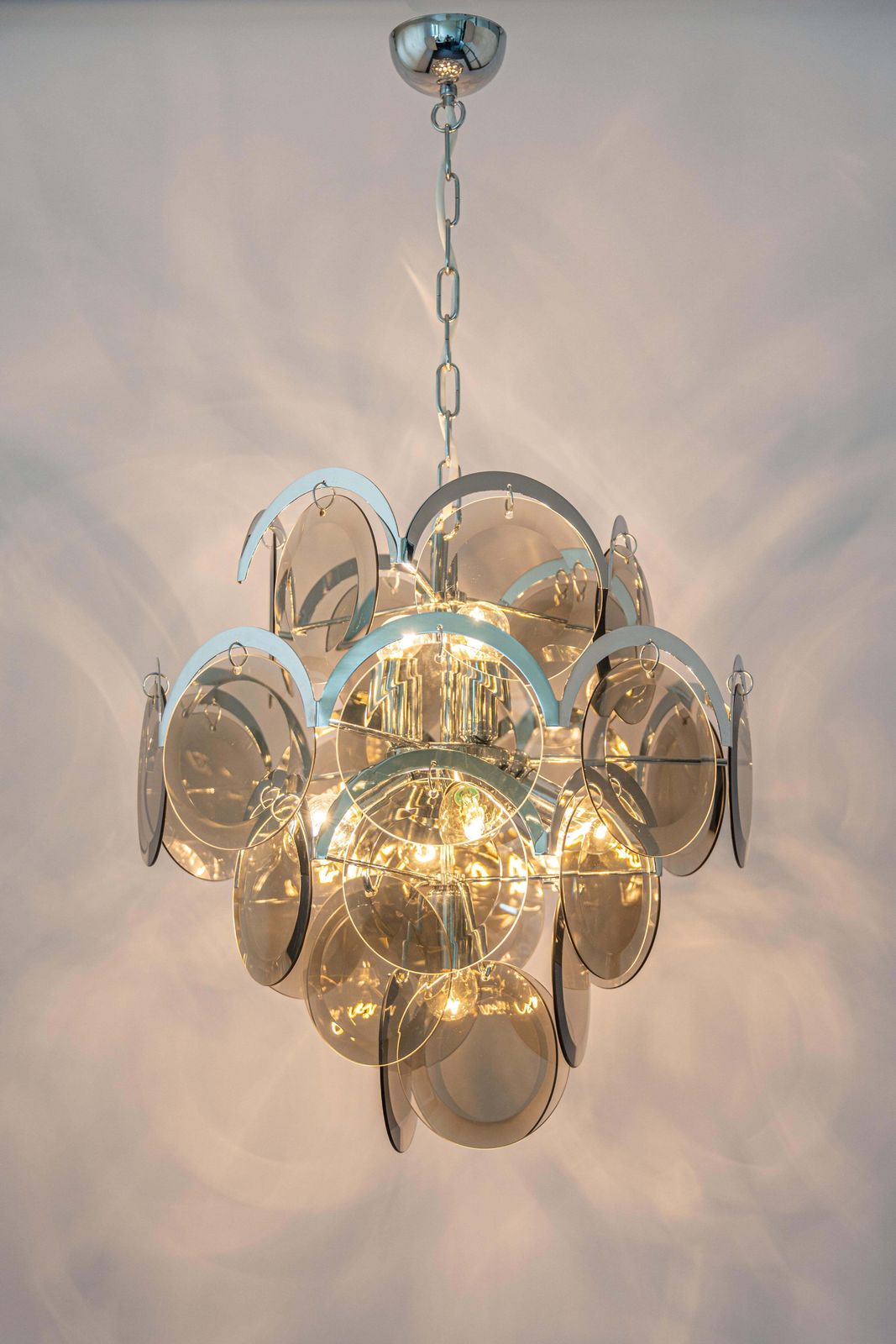 Vistosi Smoked Glass Disc Chrome Chandelier, Italy, 1970s photo vinterior