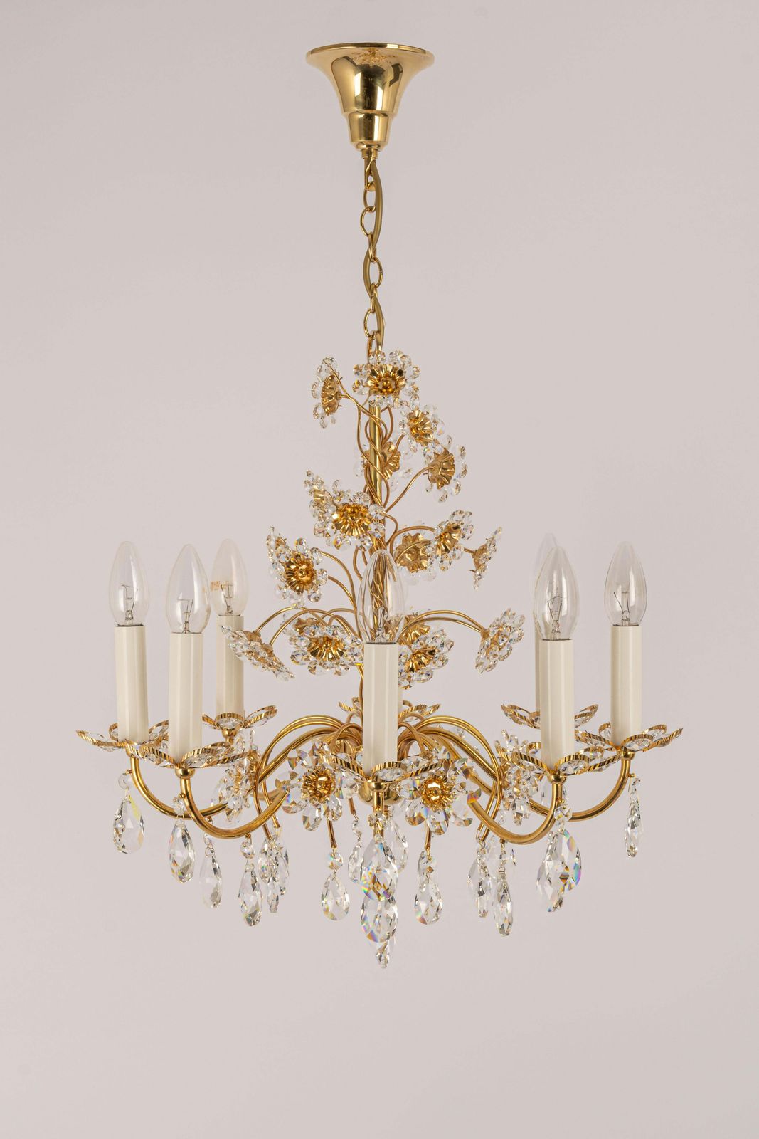 Large Gilt Brass Flower Shape Chandelier By Palwa, Germany, 1970s photo furniture