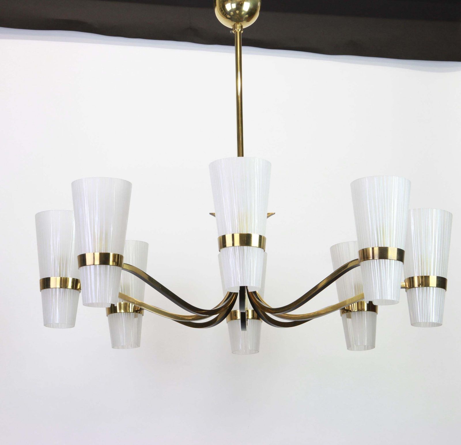 Huge Sunburst Brass And Glass Chandelier, Stilnovo Style, 1950s photo for sale