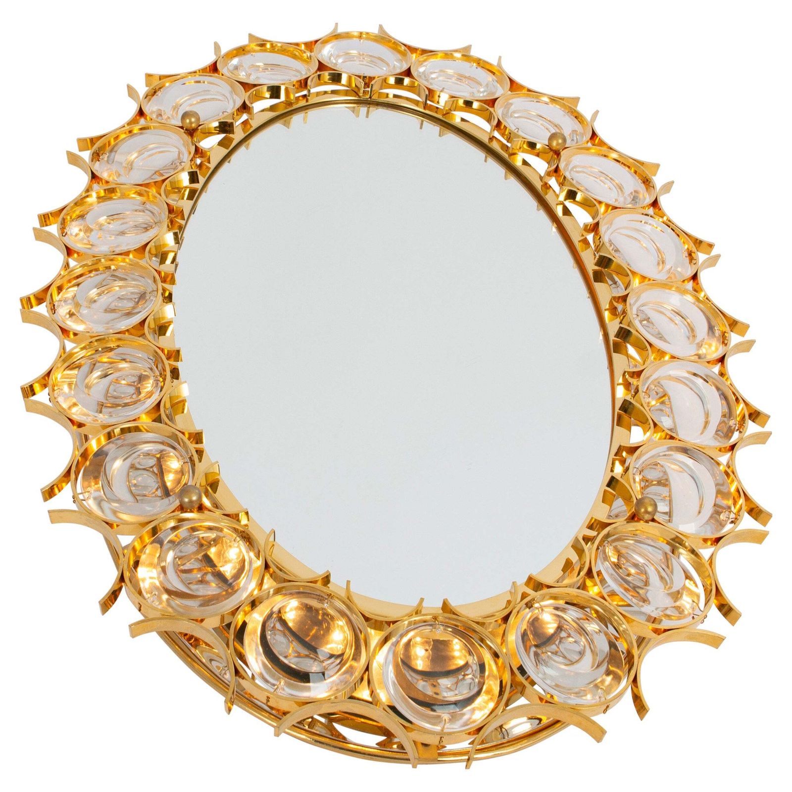 Spectacular Petite Backlit Mirror Gilded Brass, Crystal Glass By Palwa, Germany