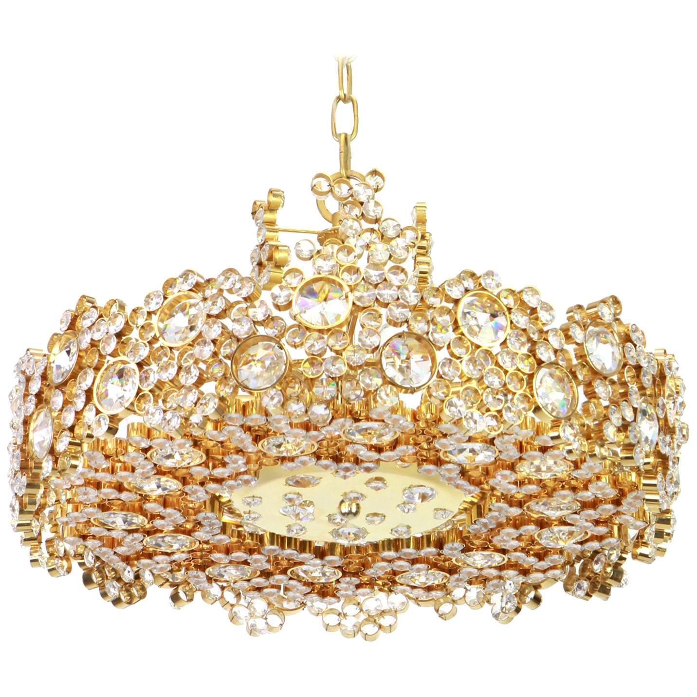 Gilt Brass And Crystal Glass Encrusted Chandeliers By Palwa, Germany, 1970s
