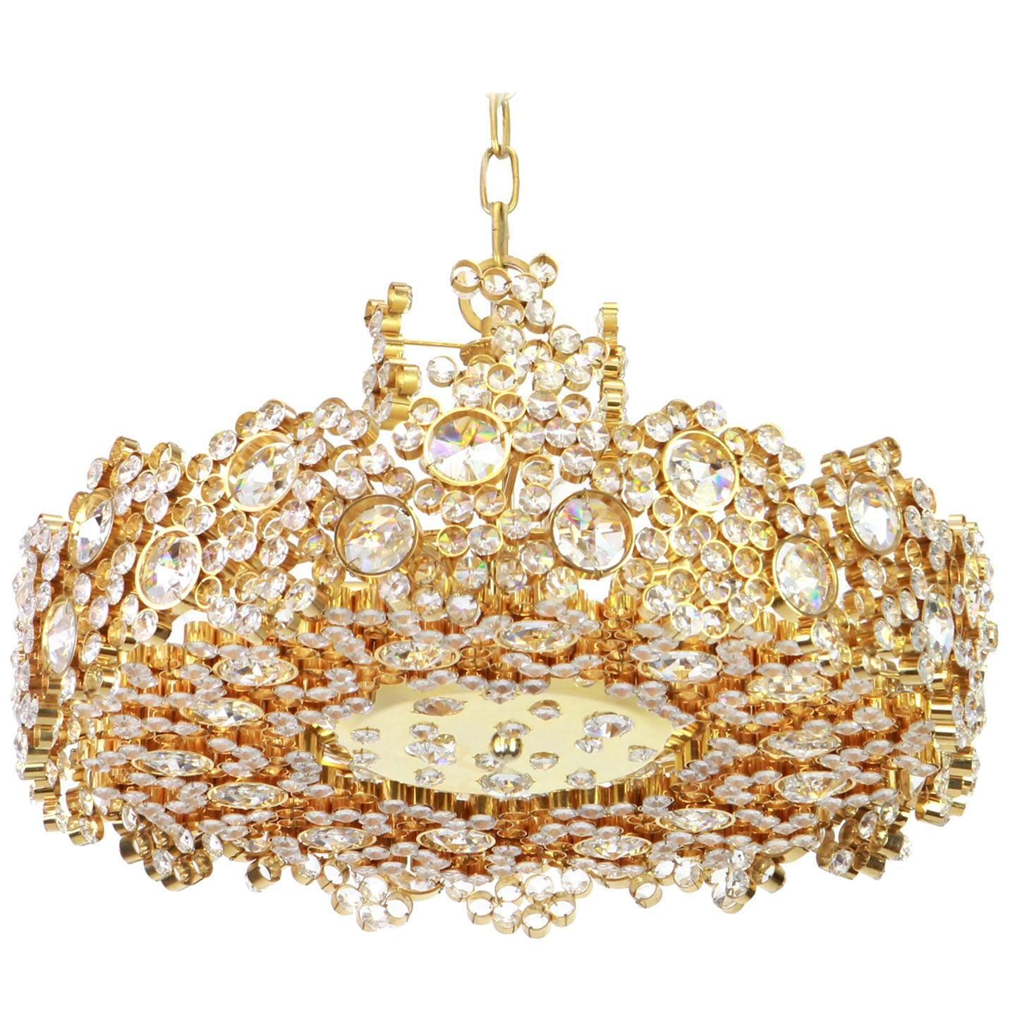 Gilt Brass And Crystal Glass Encrusted Chandeliers By Palwa, Germany, 1970s