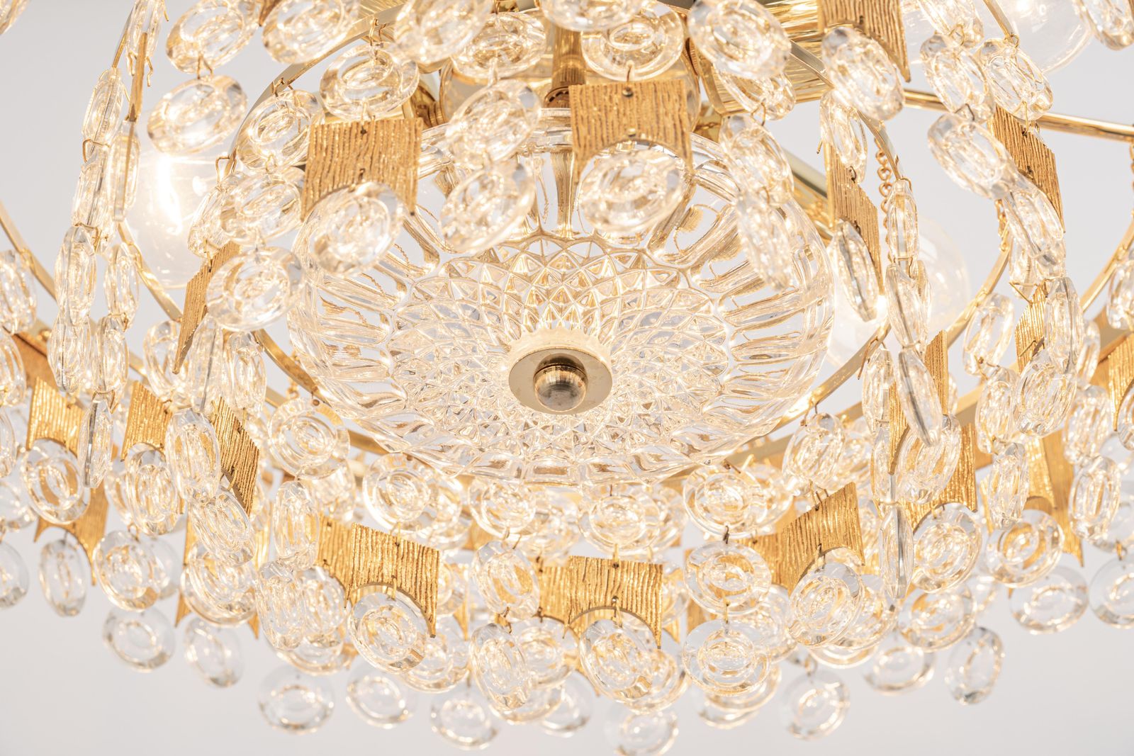 photo for sale Impressive Large Gilt Brass And Crystal Glass Chandelier By Palwa Germany, 1960s
