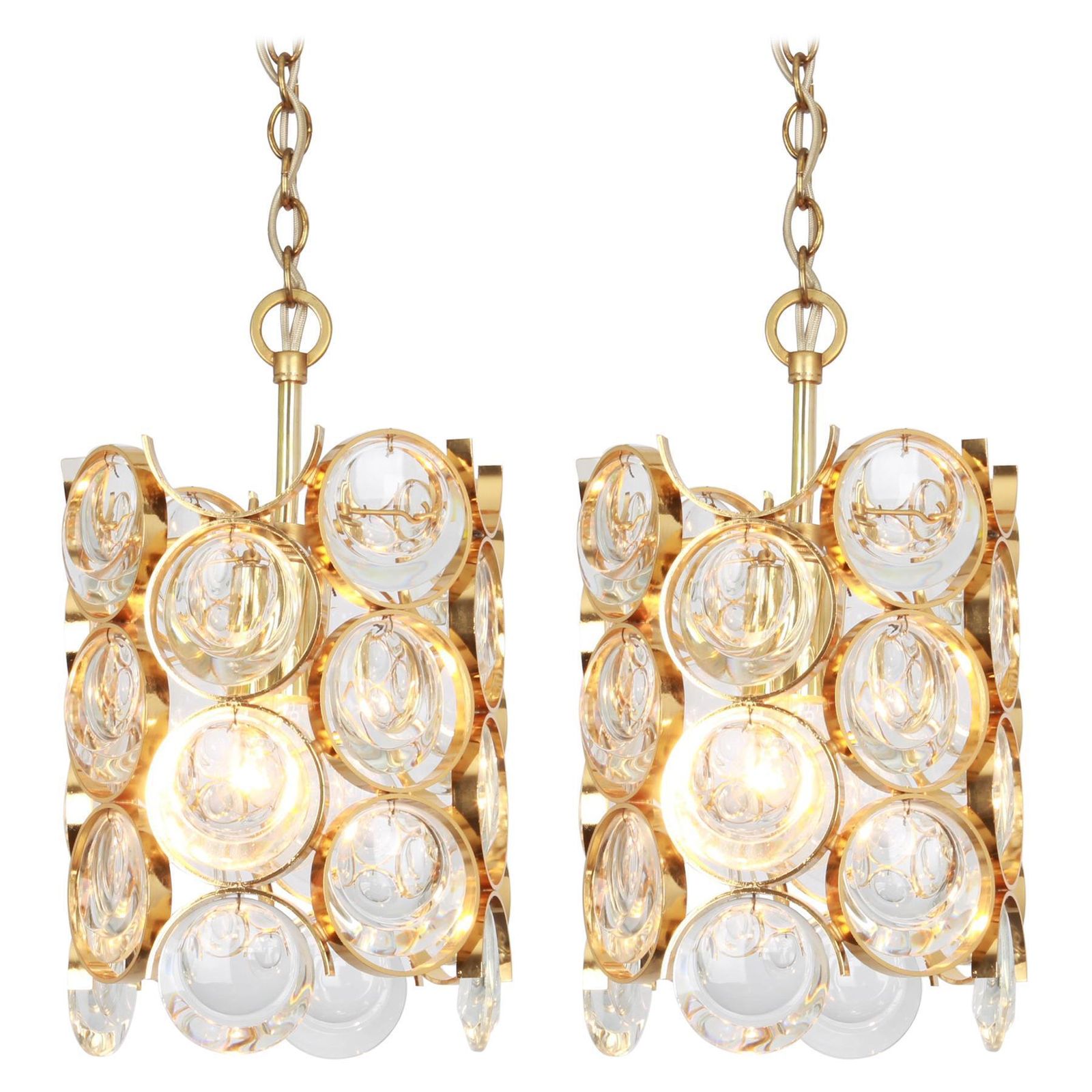 Pair Of Petite Gilded Brass Pendants, Sciolari Design For Palwa, Germany, 1970s