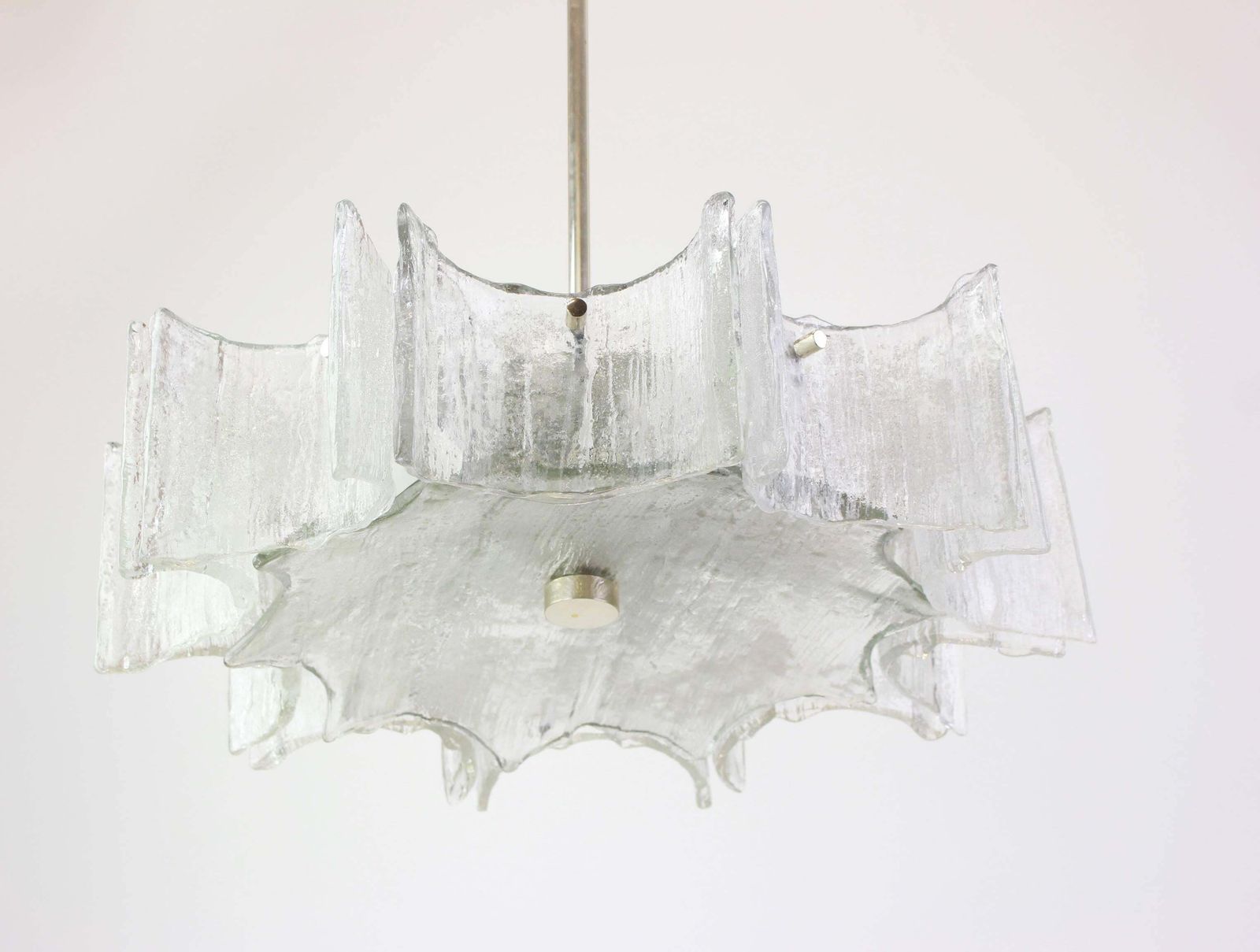 1 Of 2 Large Ice Glass Chrome Chandelier By Kaiser, Germany, 1960s photo Lighting