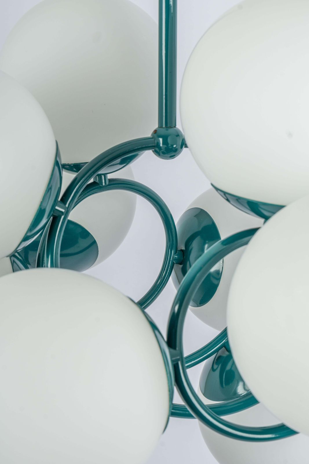 Kaiser Green Sputnik Molecular Shape Chandelier, 12 Opal Glass, Germany, 1970s photo Lighting