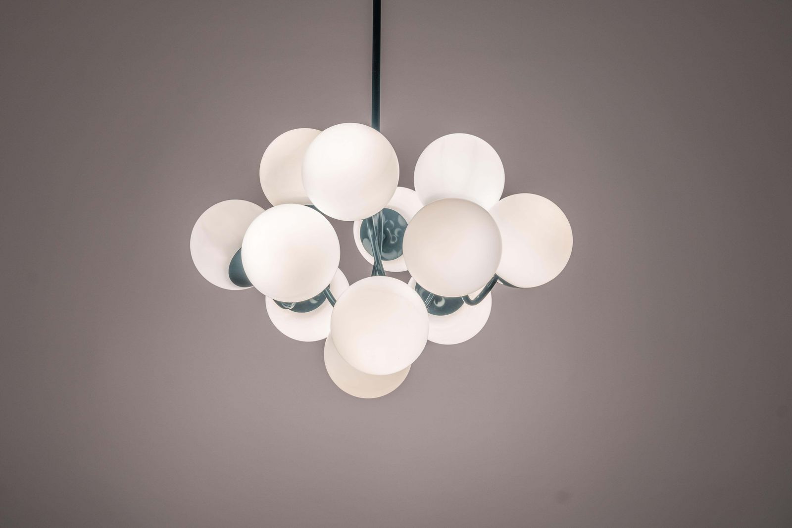 Kaiser Green Sputnik Molecular Shape Chandelier, 12 Opal Glass, Germany, 1970s photo vintage