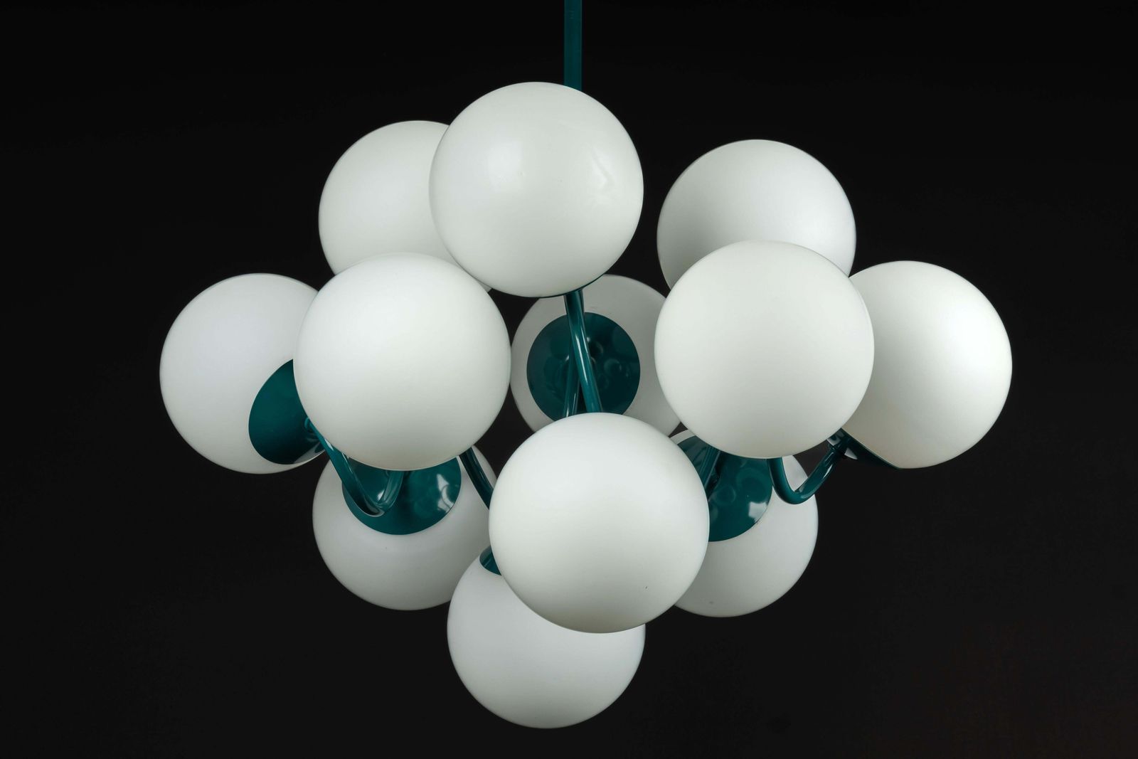 photo for sale Kaiser Green Sputnik Molecular Shape Chandelier, 12 Opal Glass, Germany, 1970s