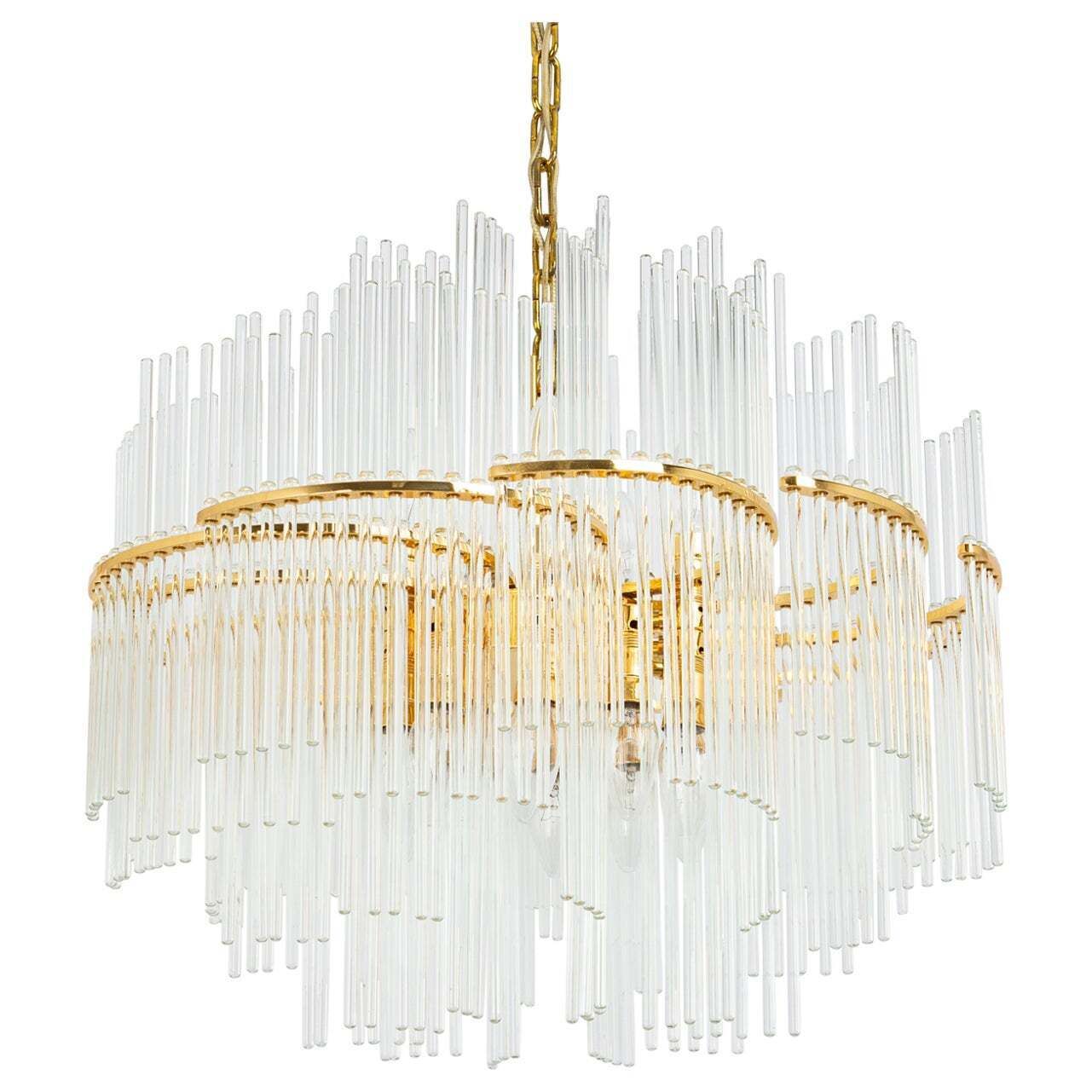1 Of 2 Stunning Gilt Brass And Crystal Glass Rods Chandelier By Palwa, 1970s