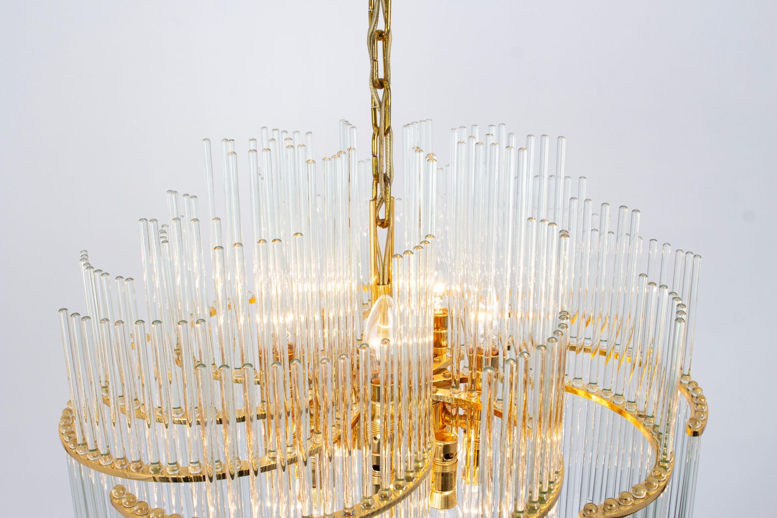1 Of 2 Stunning Gilt Brass And Crystal Glass Rods Chandelier By Palwa, 1970s photo 2407.0