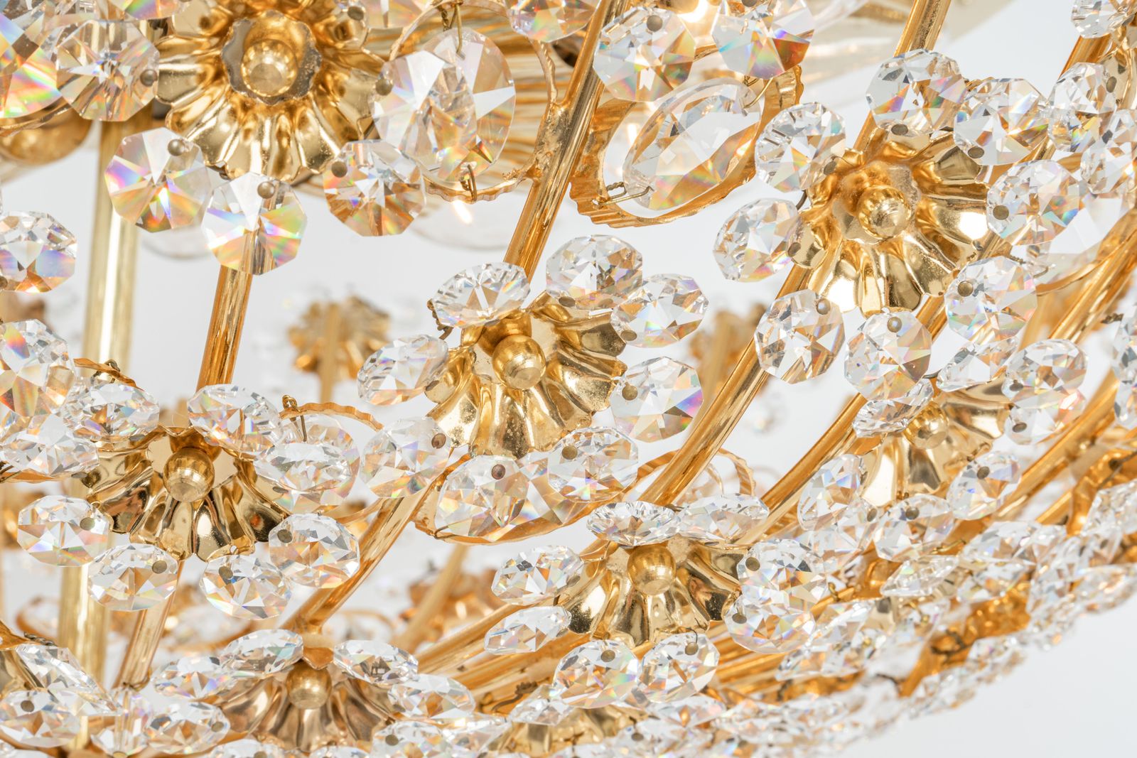 Petite Delicate Gilt Brass Cut Glass Flower Flush Mount By Palwa, Germany, 1970s photo vinterior