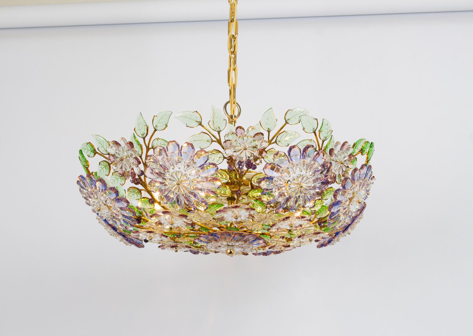 photo for sale Large Gorgeous Chandeier Gilt Faceted Crystal Glass Bagues, Palwa, 1970s