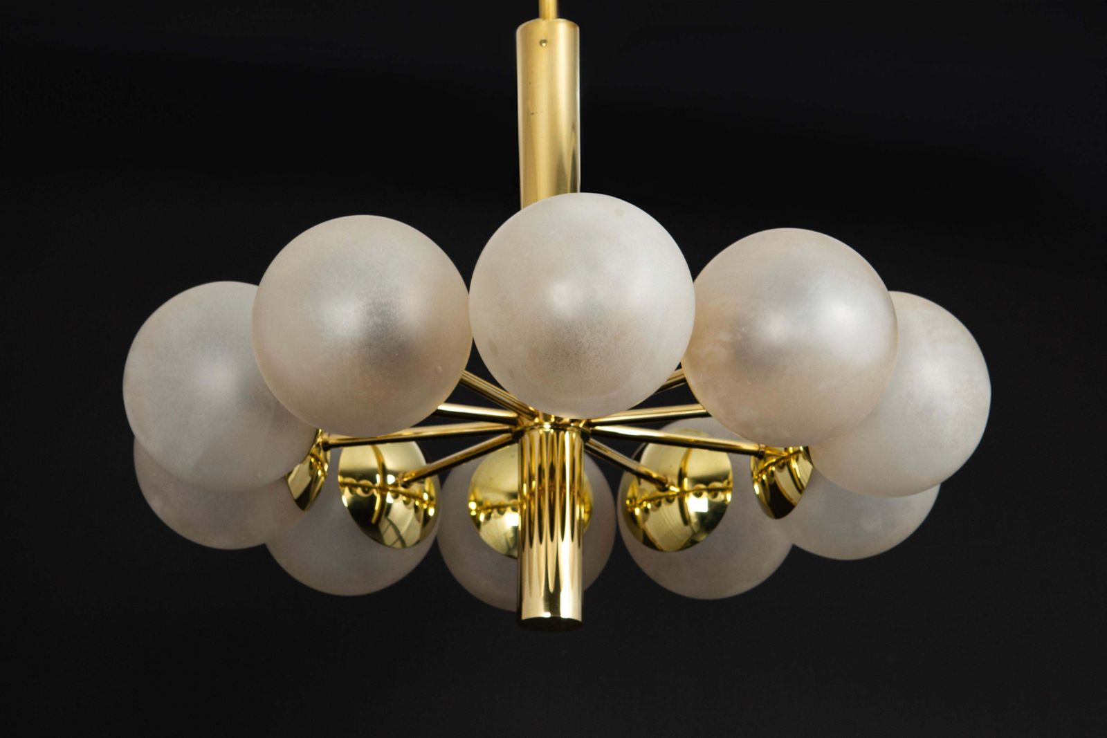 photo furniture Large Stunning Kaiser Sputnik Frosted Glass Globes Chandelier, Germany, 1970s