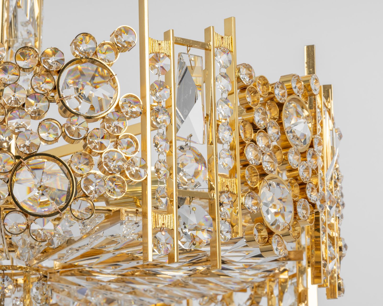 Large Gilt Brass And Crystal Chandelier, By Palwa, Germany, 1970s photo Lighting