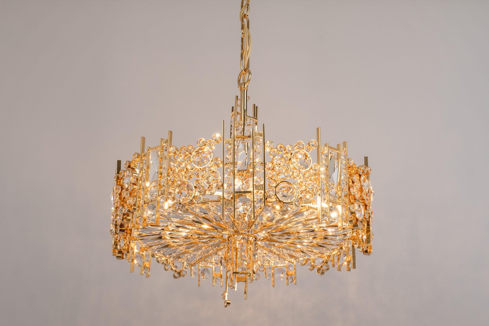 Large Gilt Brass And Crystal Chandelier, By Palwa, Germany, 1970s photo vinterior