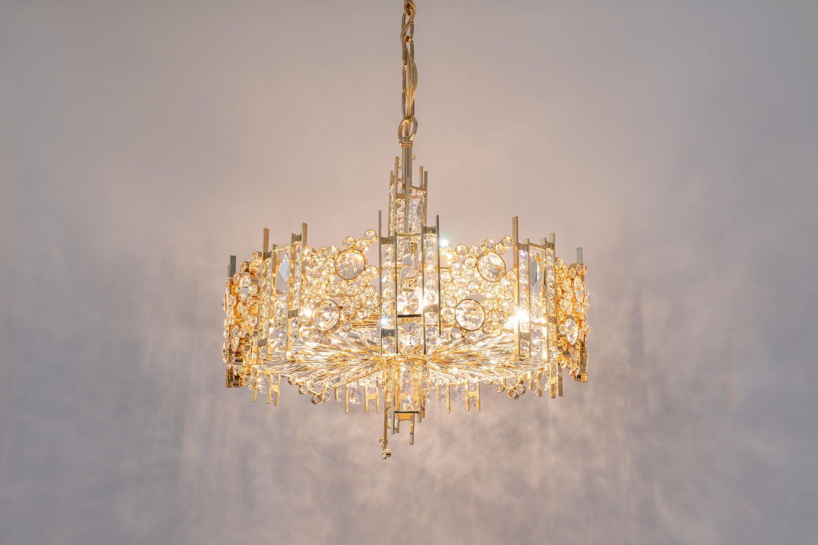 photo for sale Large Gilt Brass And Crystal Chandelier, By Palwa, Germany, 1970s