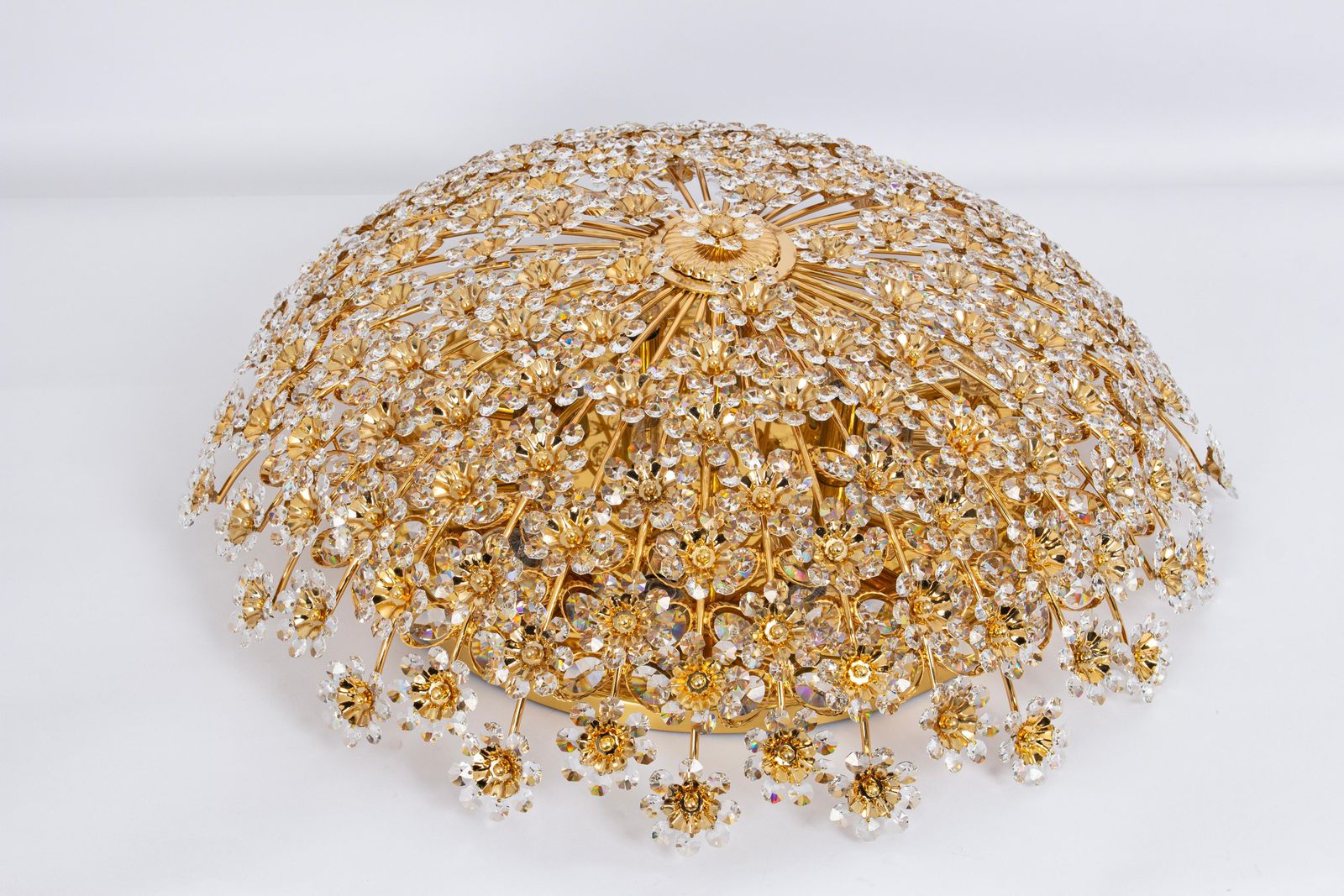 Huge Delicate Gilt Brass Cut Glass Flower Flush Mount By Palwa, Germany, 1970s photo vinterior