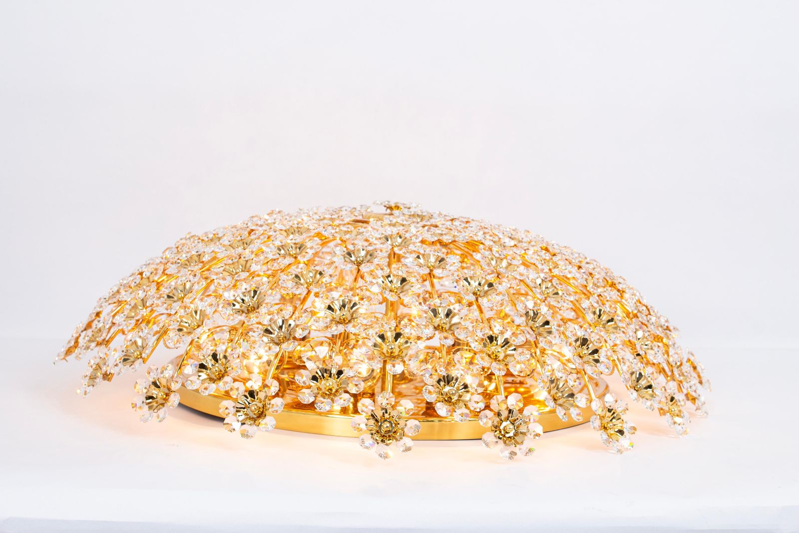 photo for sale Huge Delicate Gilt Brass Cut Glass Flower Flush Mount By Palwa, Germany, 1970s
