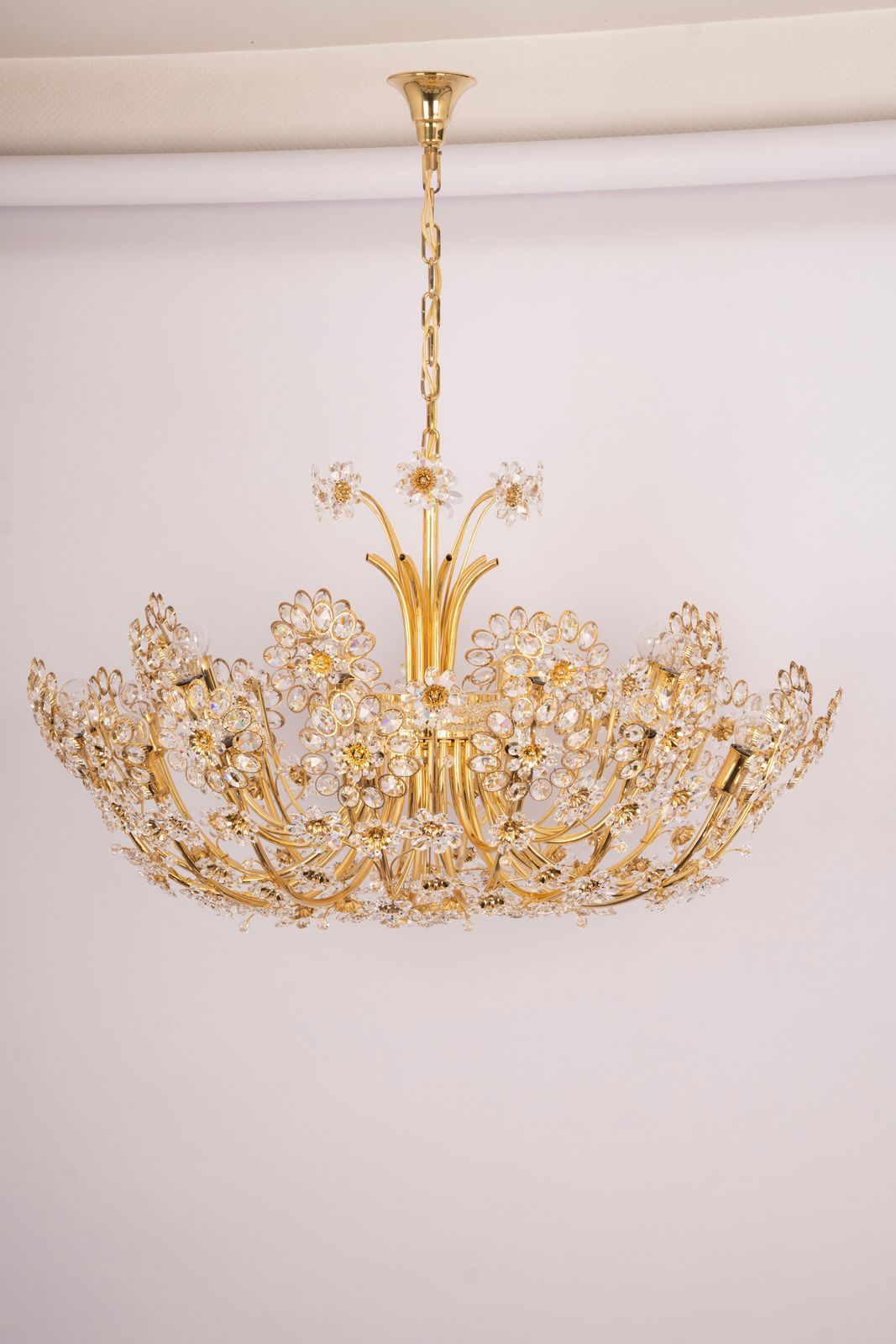 Huge Delicate Gilt Brass And Crystal Flower Chandelier By Palwa, Germany, 1970s photo for sale
