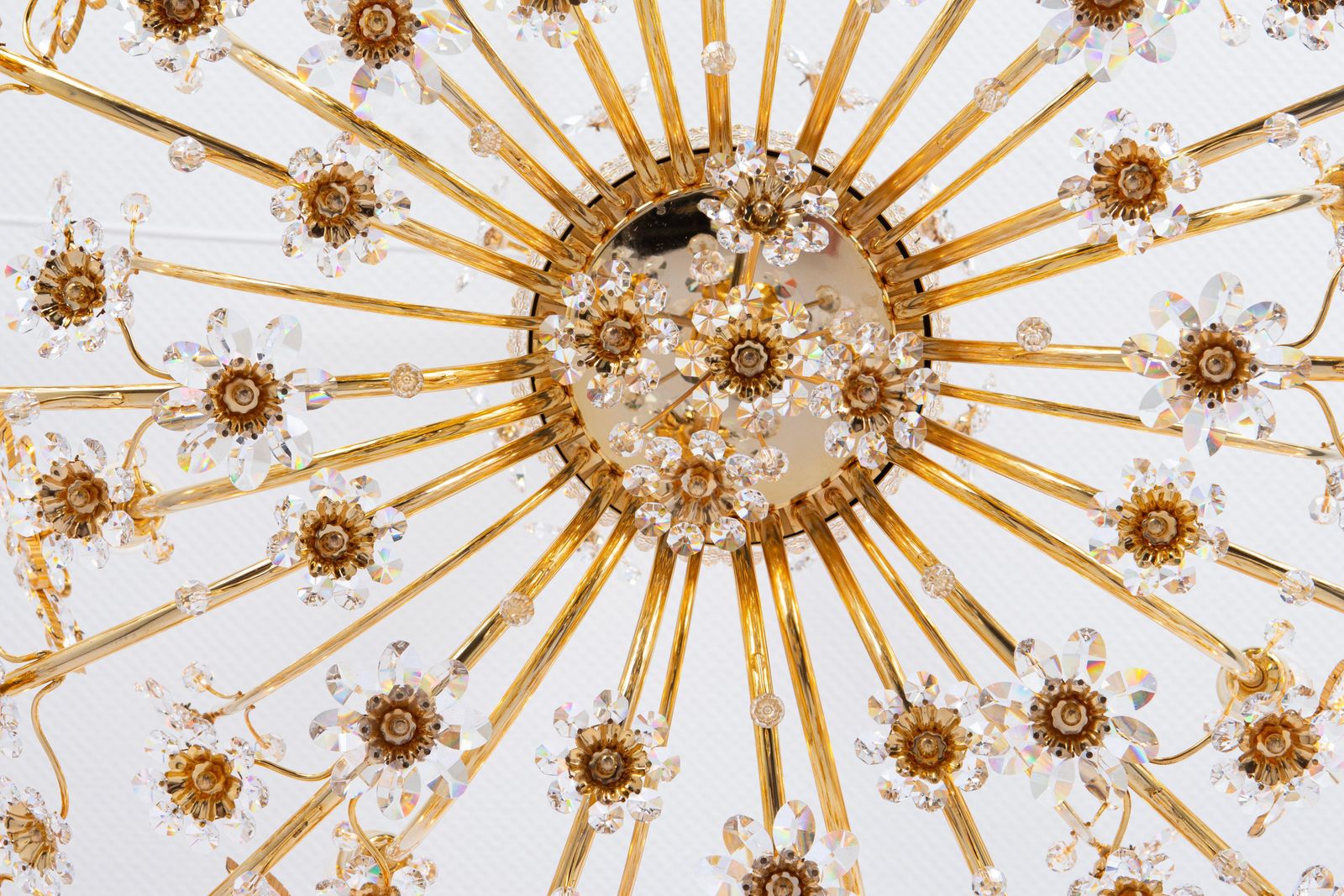 photo for sale Huge Delicate Gilt Brass And Crystal Flower Chandelier By Palwa, Germany, 1970s