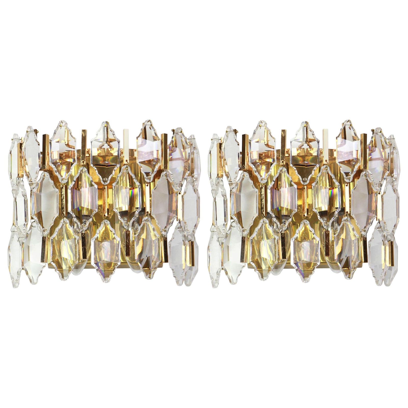 Pair Of Golden Gilded Brass And Crystal Sconces By Palwa, Germany, 1970s