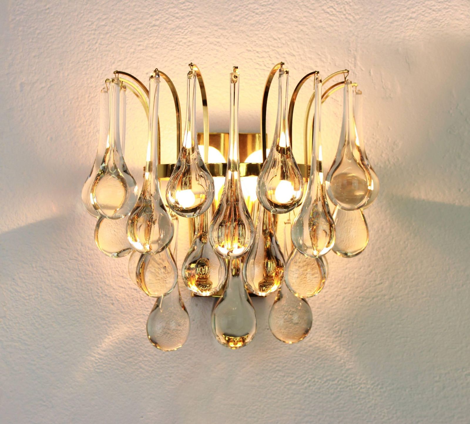 Large Pair Of Golden Gilded Brass And Crystal Sconces By Palwa, Germany, 1970s photo for sale