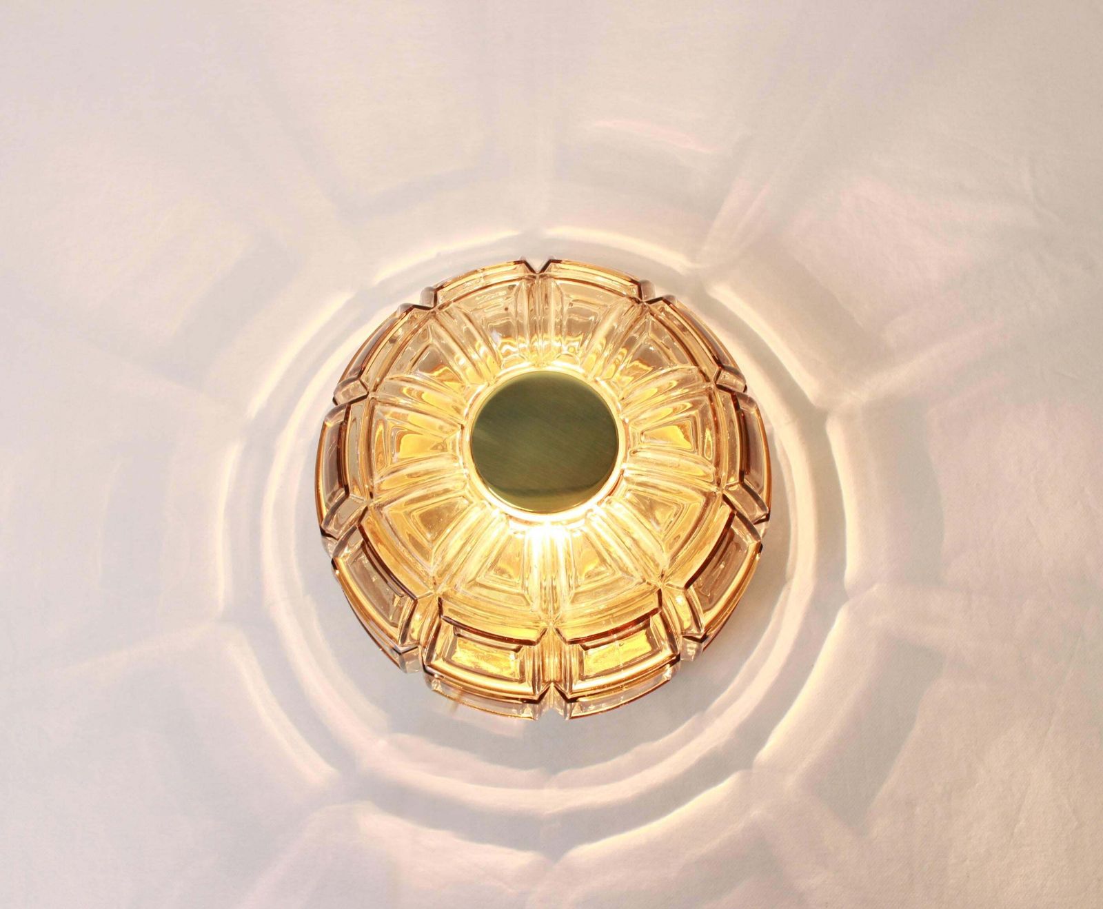Pair Of Brass And Amber Glass Sconces Or Flushmount By Limburg, Germany, 1960s photo for sale