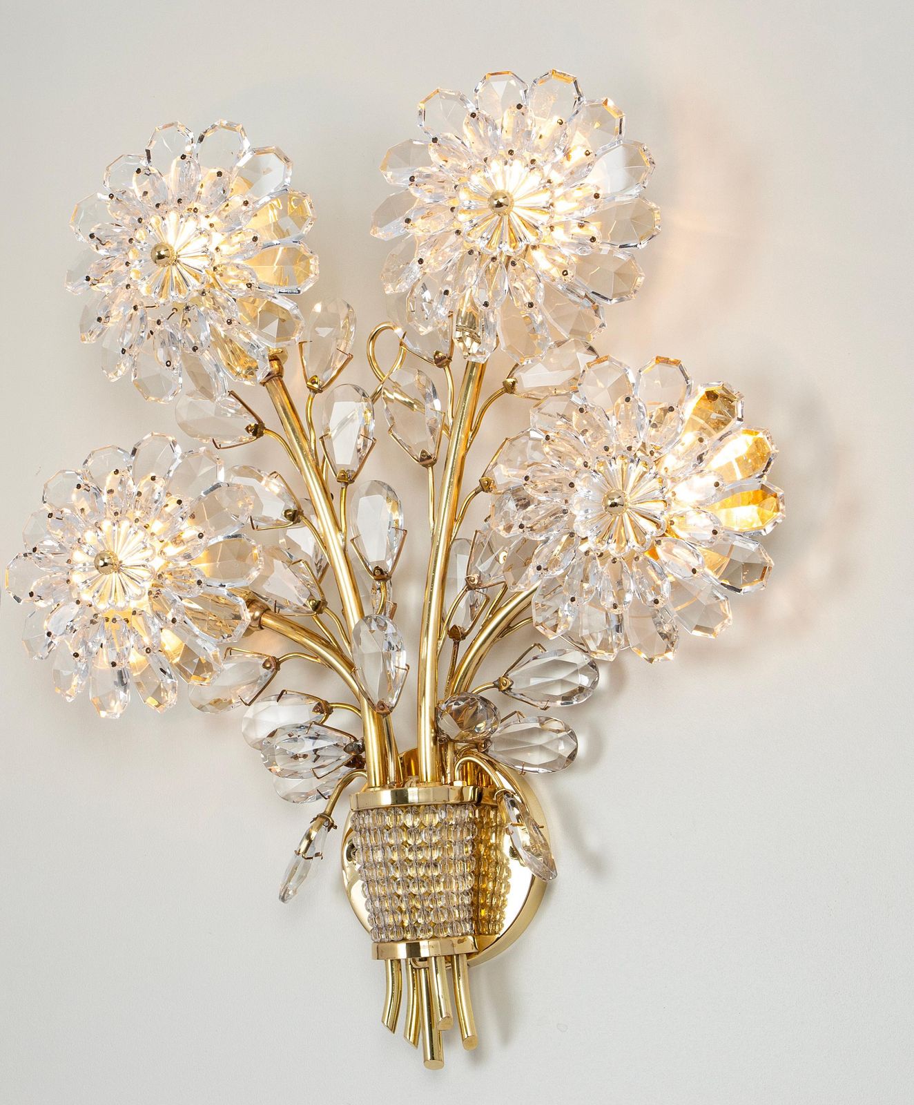 photo furniture Large Gorgeous Flower Sconce Gilt And Crystal Glass Bagues, Palwa, 1970s