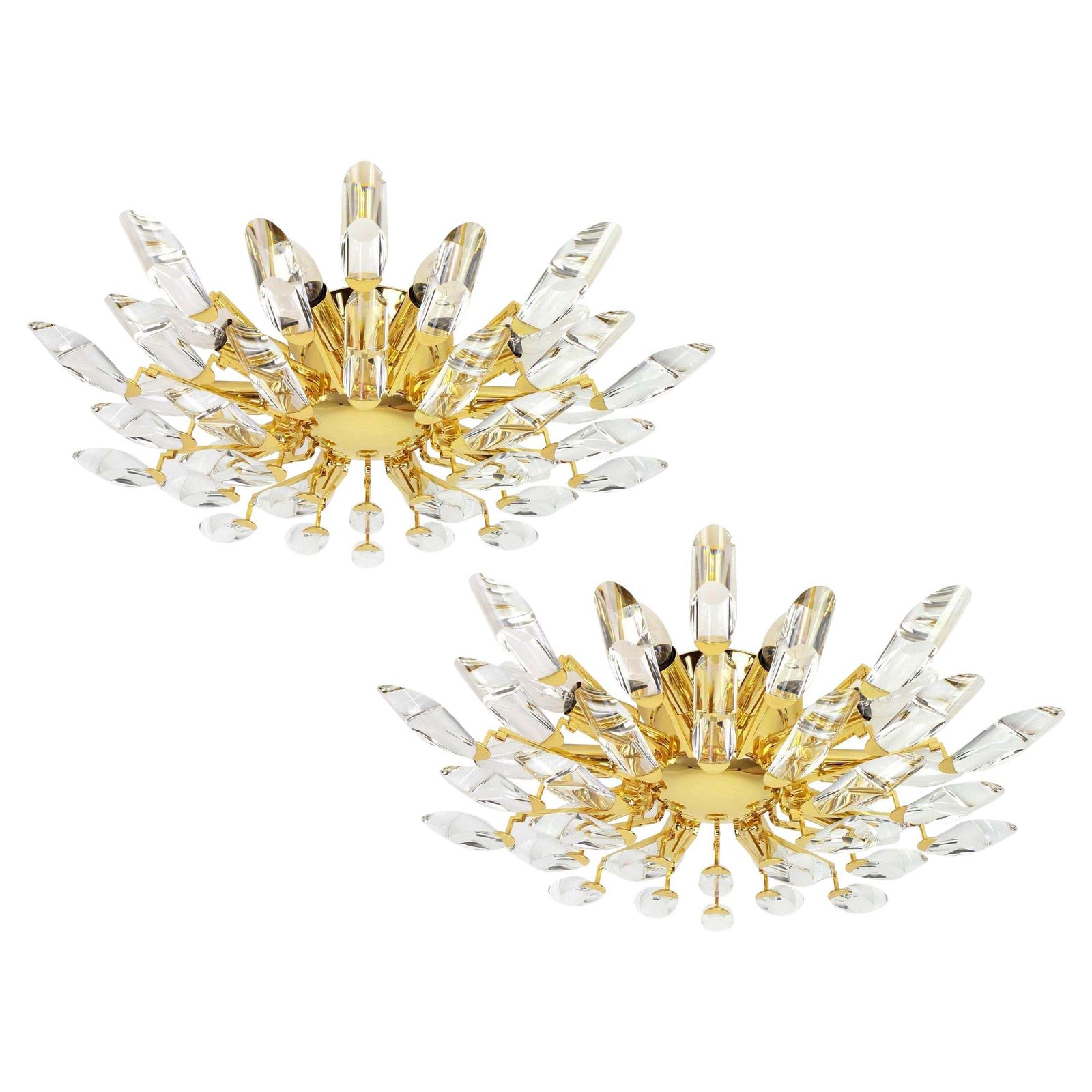 1 Of 2 Italian Flush Mount Light By Stilkronen, Gilt Brass Crystal Glass, 1980s