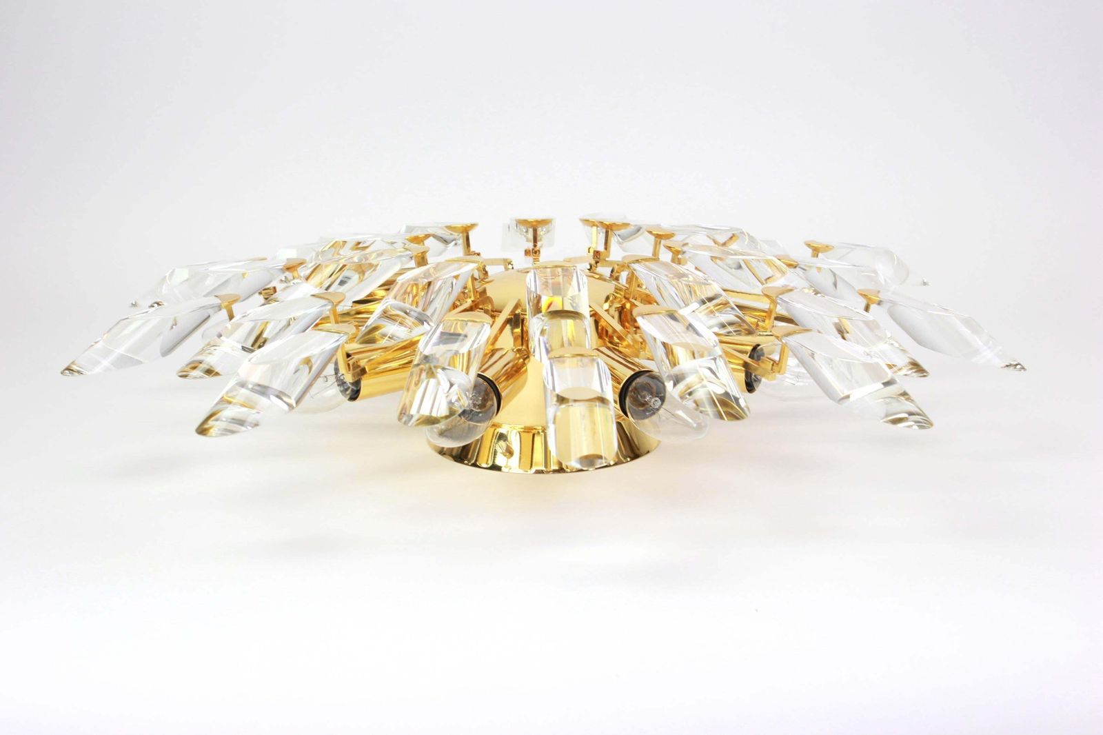 1 Of 2 Italian Flush Mount Light By Stilkronen, Gilt Brass Crystal Glass, 1980s photo furniture