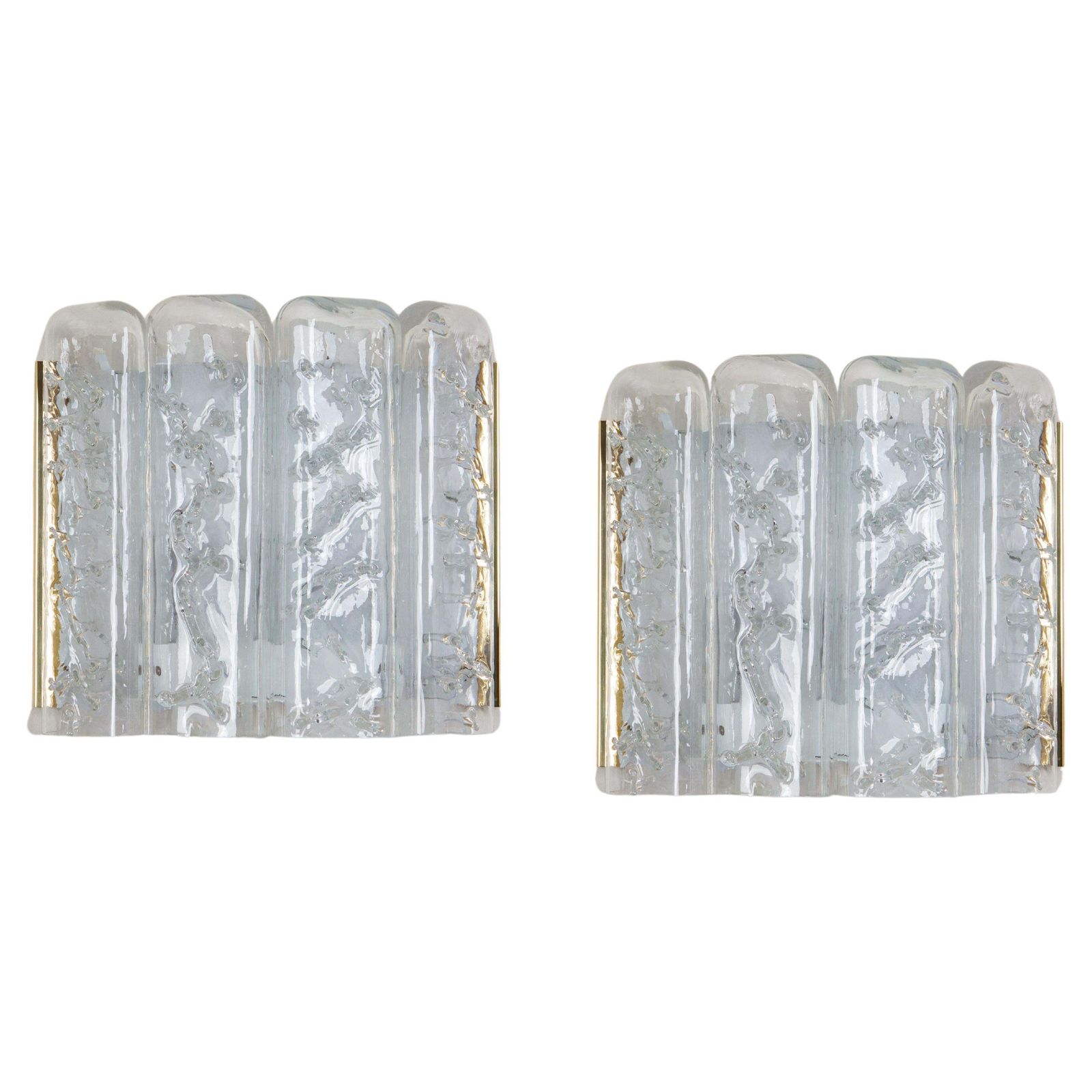 Pair Of Brass And Ice Glass Wall Sconces By Doria, Germany, 1960s