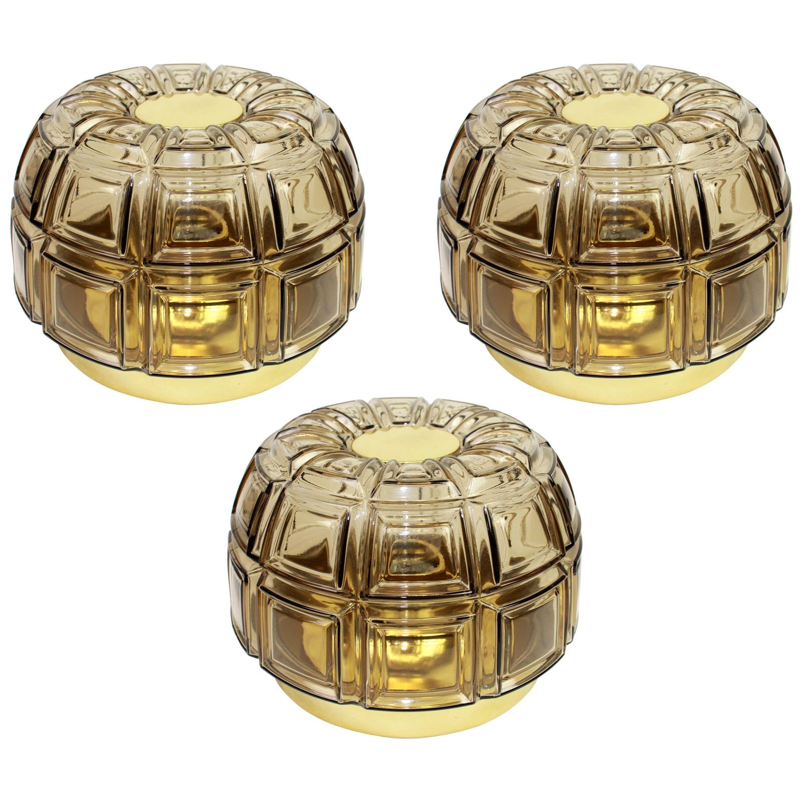 Pair Of Brass And Amber Glass Sconces Or Flushmount By Limburg, Germany, 1960s