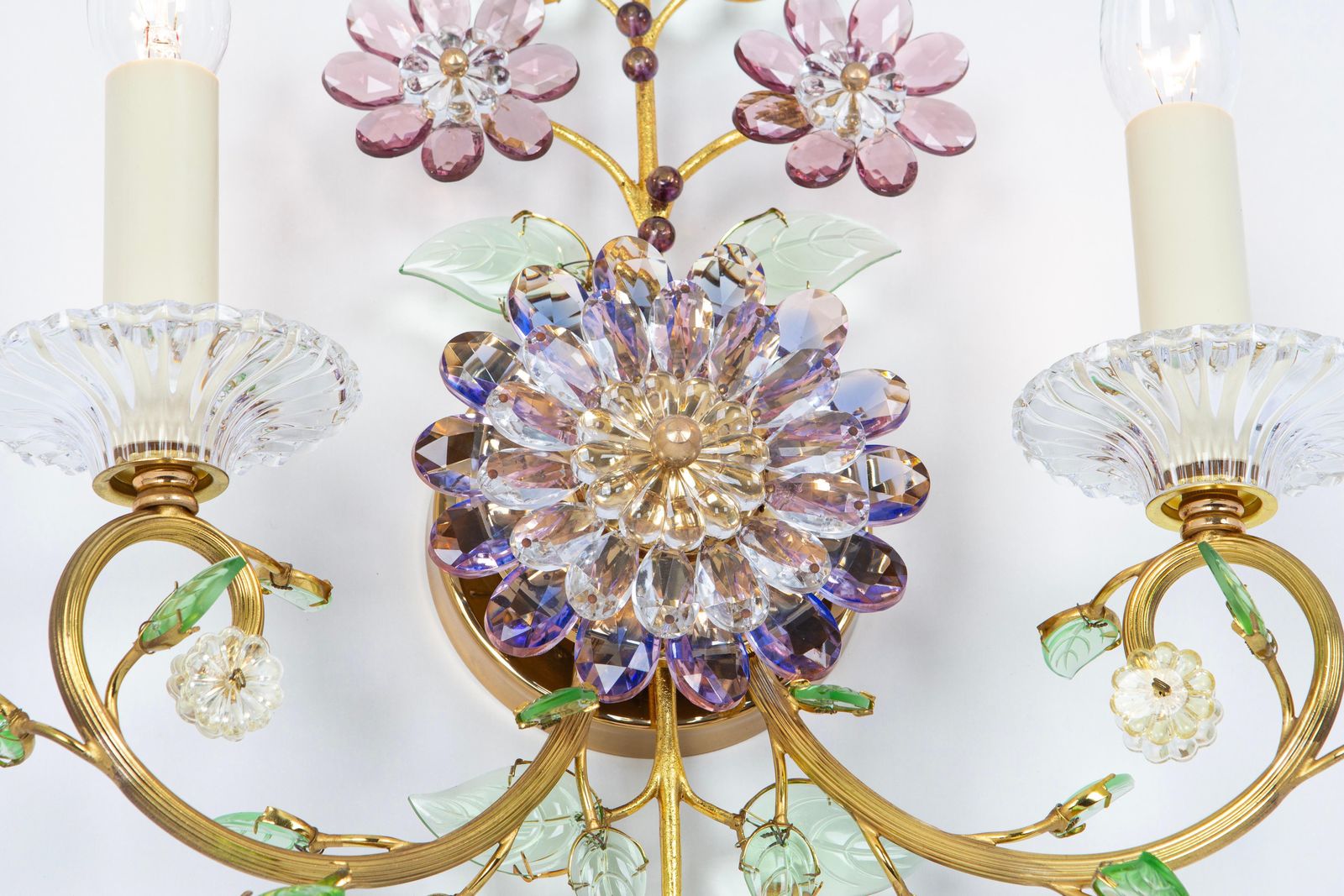 photo furniture Large Gorgeous Flower Sconces Gilt Faceted Crystal Glass Bagues, Palwa, 1970s