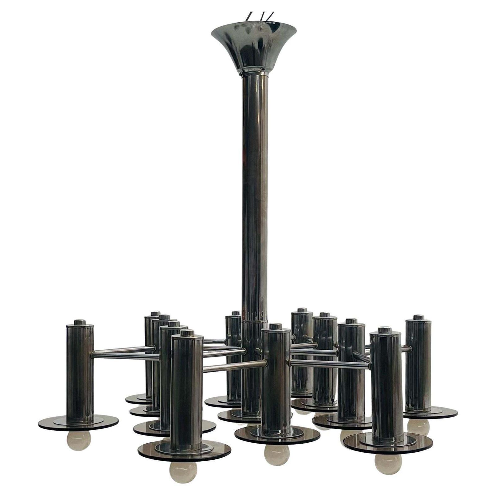Large Pair Of Chrome Chandelier With Smoked Glass