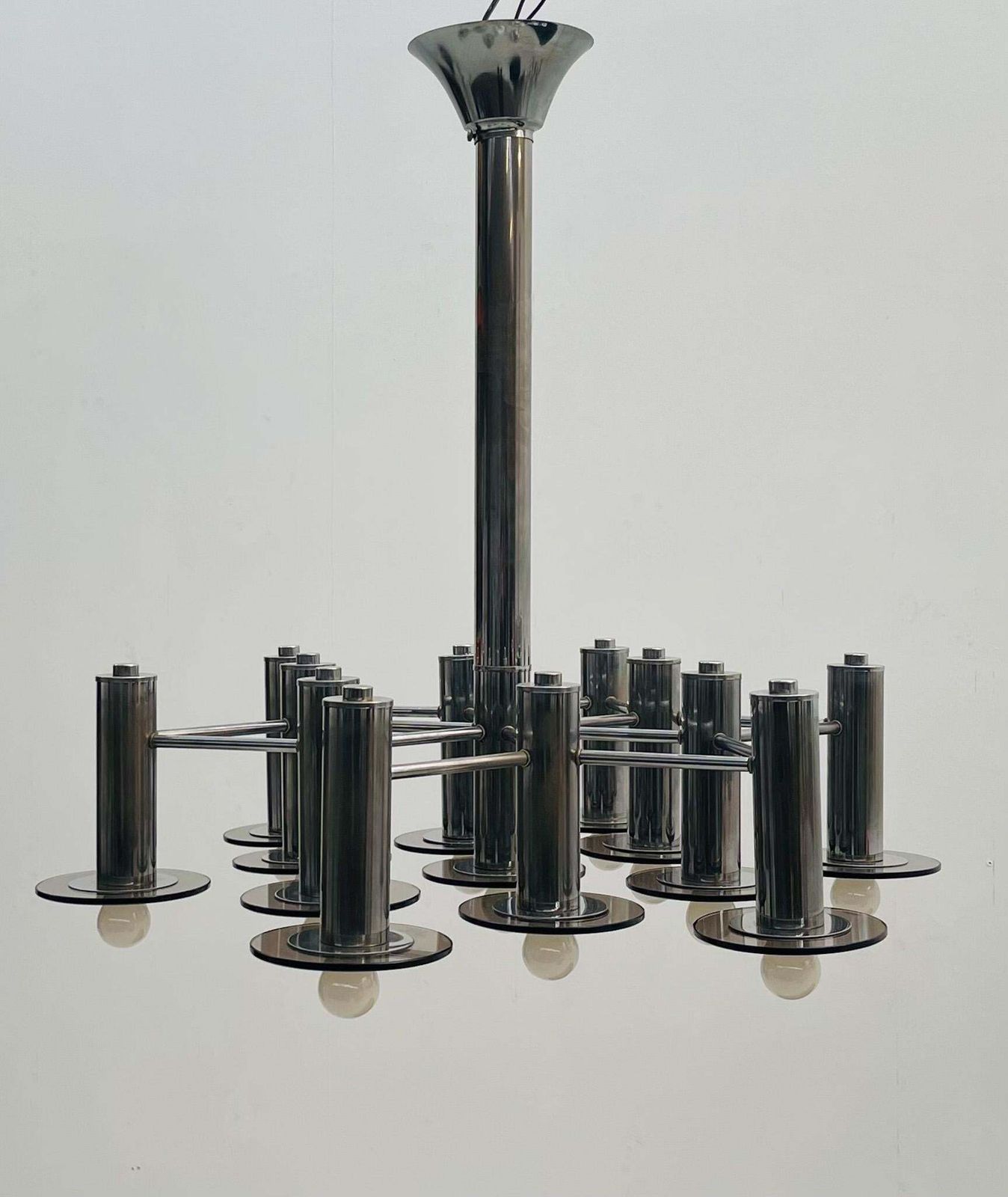 Large Pair Of Chrome Chandelier With Smoked Glass photo for sale