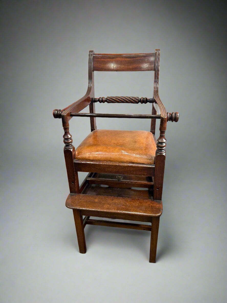 Unusual Metamorphic Regency Mahogany Leather Upholstered Children's High Chair Convertible To Be Used At Table Level Circa 1820