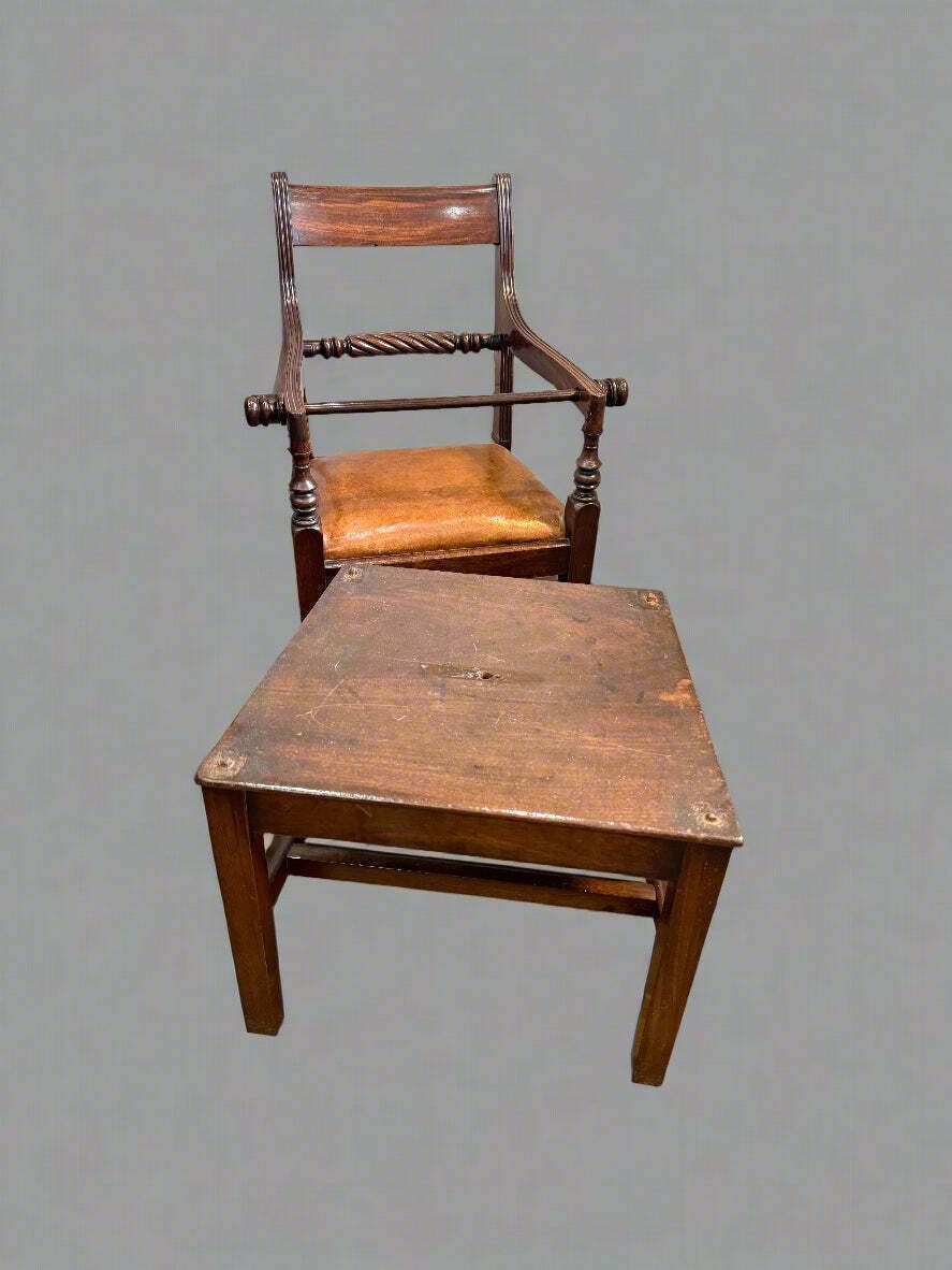 Unusual Metamorphic Regency Mahogany Leather Upholstered Children's High Chair Convertible To Be Used At Table Level Circa 1820 photo furniture