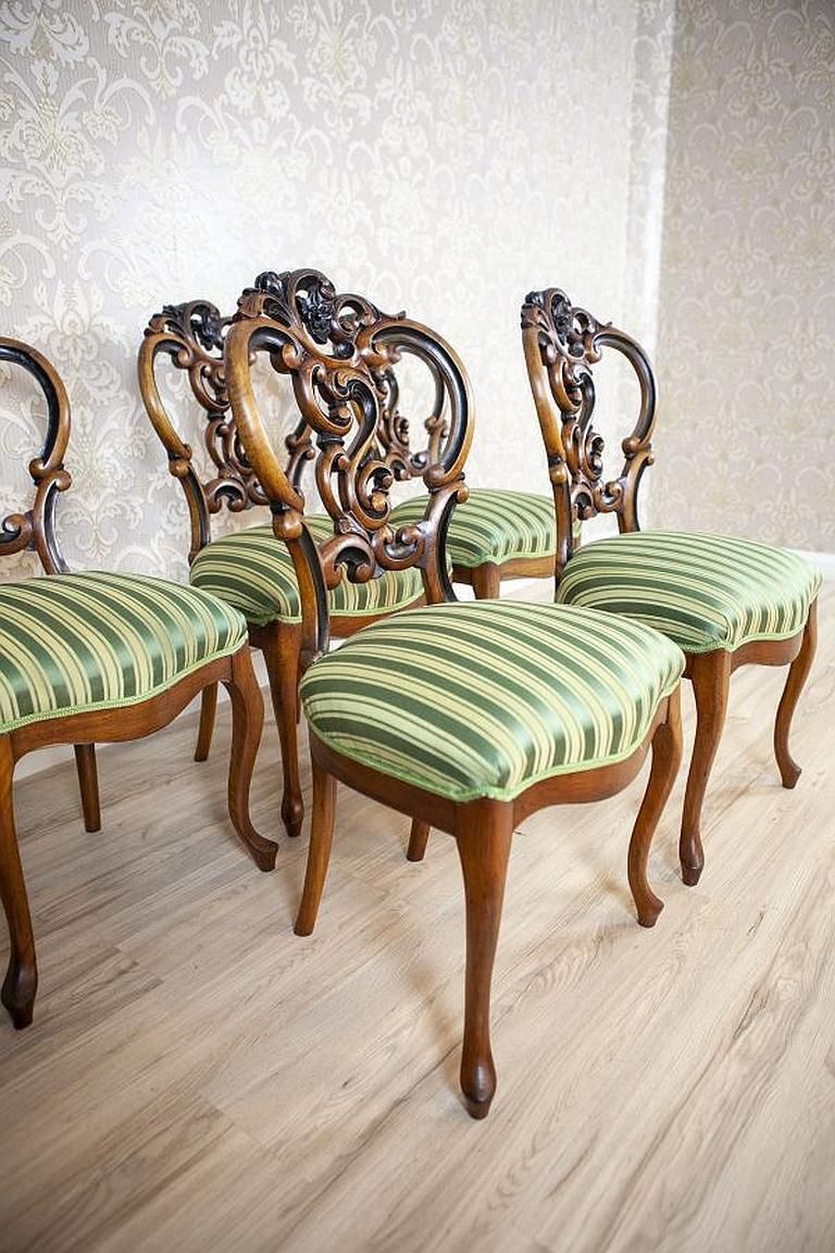 Set Of Five Walnut Chairs From The Late 19th Century In Light Green Upholstery photo for sale