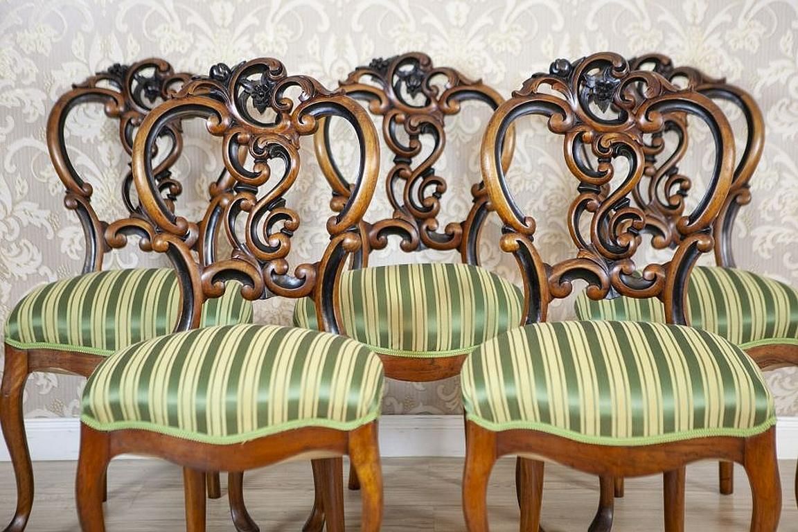 Set Of Five Walnut Chairs From The Late 19th Century In Light Green Upholstery photo Furniture