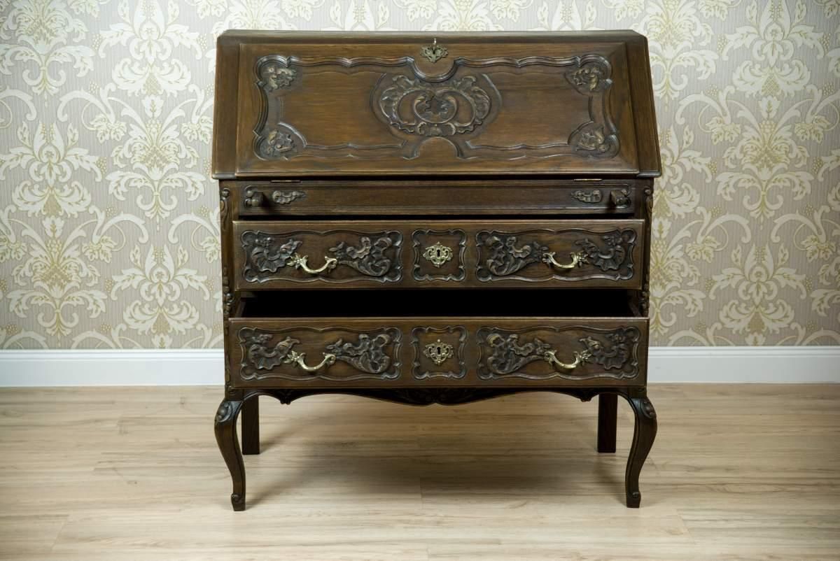 Rococo Revival Oak Writing Desk In Brown, Early 20th Century photo for sale