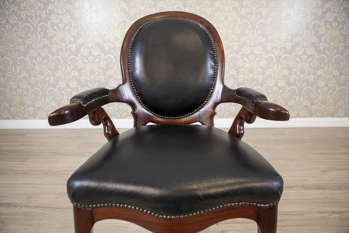 Walnut Armchair From The Late 19th Century In Black Leather photo buy