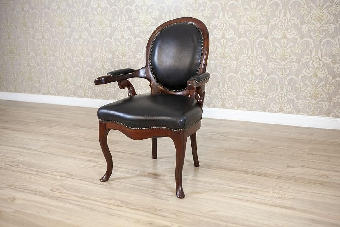 photo for sale Walnut Armchair From The Late 19th Century In Black Leather