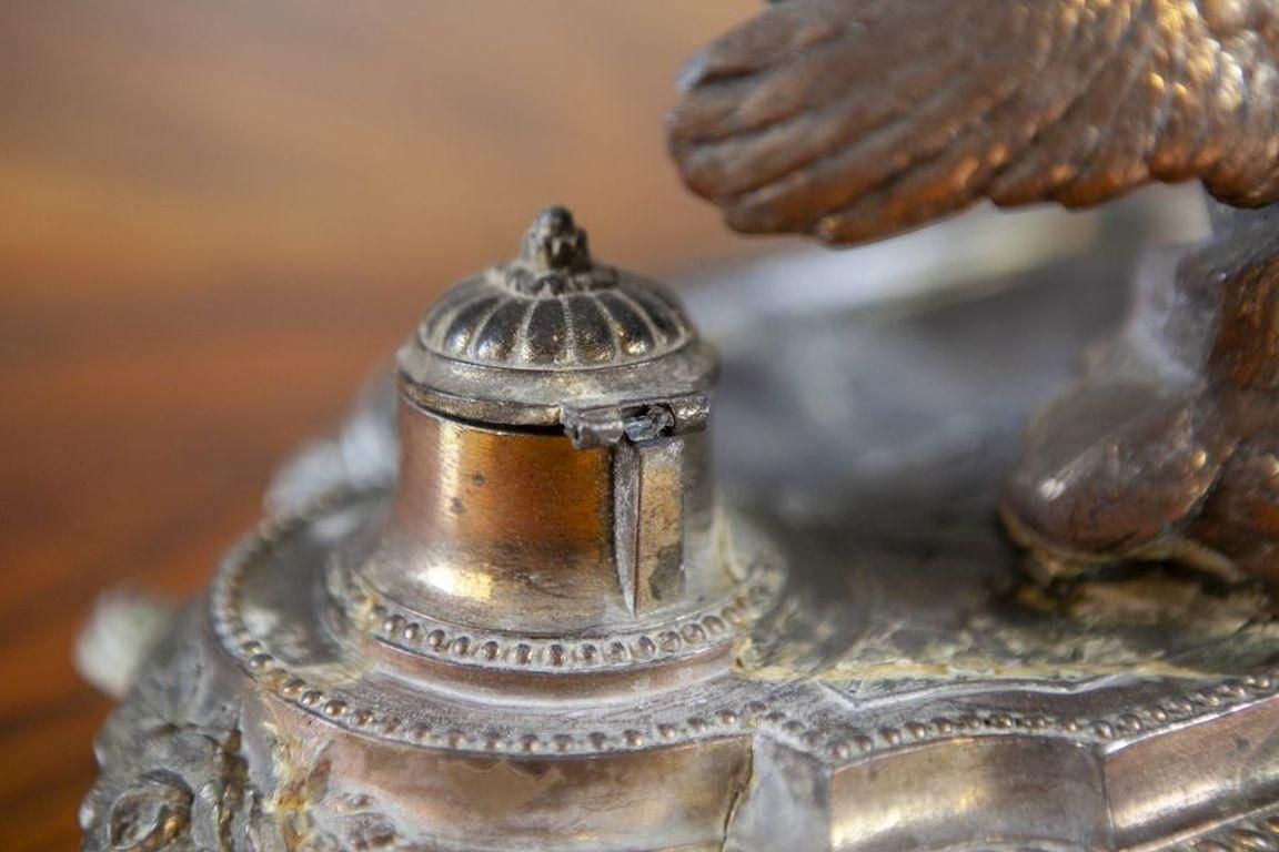 Pre War Metal Inkwell With Bird Figurine photo vintage