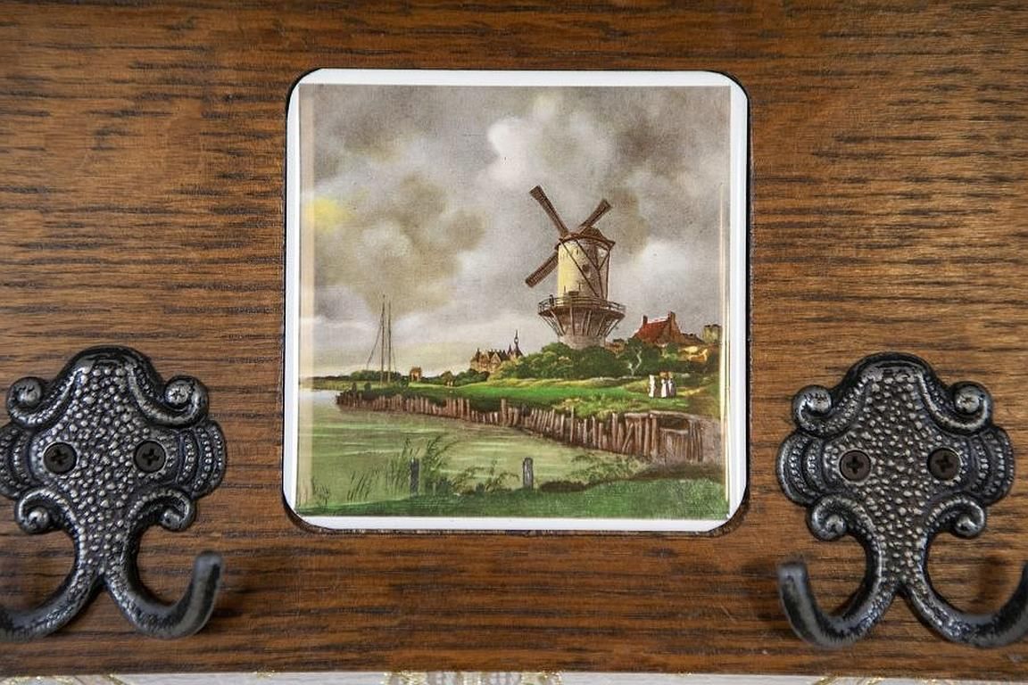 Furniture Dutch Oak Wall Coat Rack With Decorative Tiles From The Early 20th Century photo