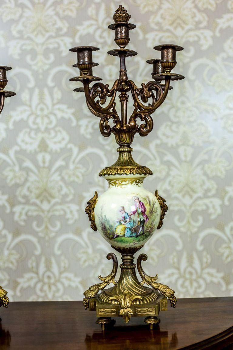 Antique, Two Four Arm Candelabra With Porcelain And Brass Details, 19th Century photo furniture